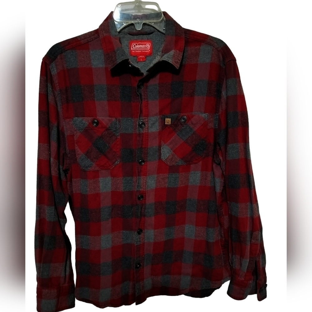 (M174)Coleman Men's Button up Long Sleeve Burgundy Grey Plaid Flannel Shirt Sz L